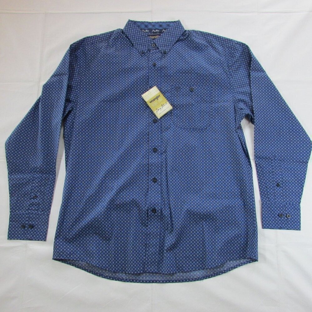 Wrangler Men's LG George Strait Long Sleeve Geo Print Button Western Shirt Navy